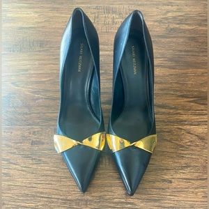 Stuart Weitzman black pumps with gold bow, size 9.5M. Worn only twice!